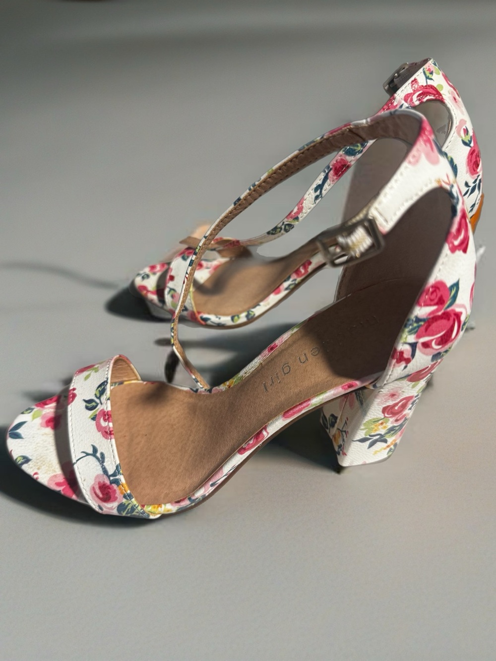 Madden Girl White Floral Ankle-Strap Block Heels
